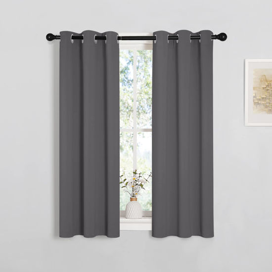 Picture of NICETOWN Grey Blackout Curtain Panels for Bedroom, 2 Panels, W29 x L40 inches, Grey, Thermal Insulated Grommet Top Blackout Kitchen Draperies and Drapes