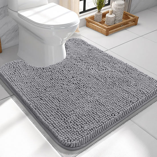 Picture of OLANLY Toilet Rugs U-Shaped 24x24, Extra Soft Absorbent Chenille Contour Bathroom Rugs for Toilet, Dry Quickly, Machine Washable, Non-Slip Toilet Bath Mat, Grey