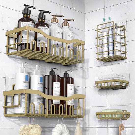 Picture of Shower Caddy 5 Pack,Adhesive Shower Organizer for Bathroom Storage&Home Decor&Kitchen,No Drilling,Large Capacity,Rustproof Stainless Steel Bathroom Organizer,Shower Shelves for Inside Shower-Larger