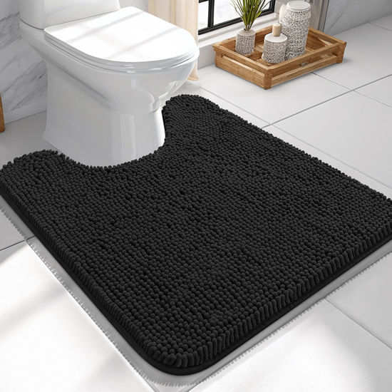 Picture of OLANLY Toilet Rugs U-Shaped 24x24, Extra Soft Absorbent Chenille Contour Bathroom Rugs for Toilet, Dry Quickly, Machine Washable, Non-Slip Toilet Bath Mat, Black
