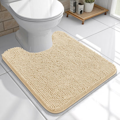 Picture of OLANLY Toilet Rugs U-Shaped 20x20, Extra Soft Absorbent Chenille Contour Bathroom Rugs for Toilet, Dry Quickly, Machine Washable, Non-Slip Toilet Bath Mat, Beige