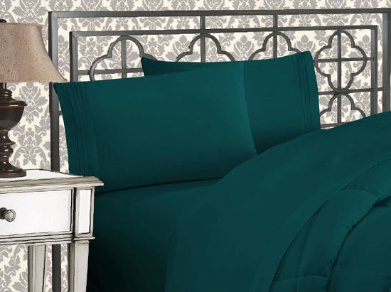 Picture of Elegant Comfort Luxurious 1500 Premium Hotel Quality Microfiber Three Line Embroidered Softest 4-Piece Bed Sheet Set, Wrinkle and Fade Resistant, King, Marine Teal