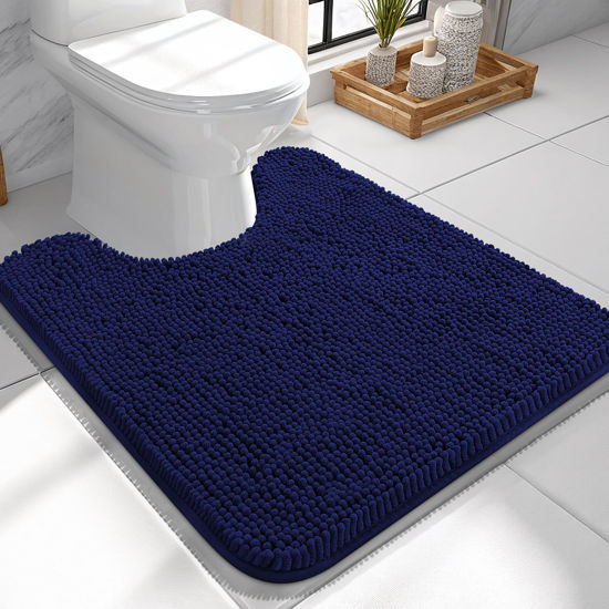 Picture of OLANLY Toilet Rugs U-Shaped 24x24, Extra Soft Absorbent Chenille Contour Bathroom Rugs for Toilet, Dry Quickly, Machine Washable, Non-Slip Toilet Bath Mat, Navy