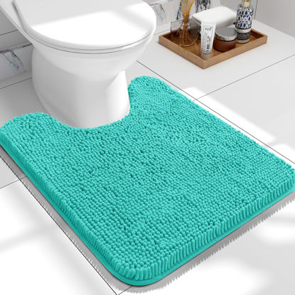 Picture of OLANLY Toilet Rugs U-Shaped 24x20, Extra Soft Absorbent Chenille Contour Bathroom Rugs for Toilet, Dry Quickly, Machine Washable, Non-Slip Toilet Bath Mat, Teal