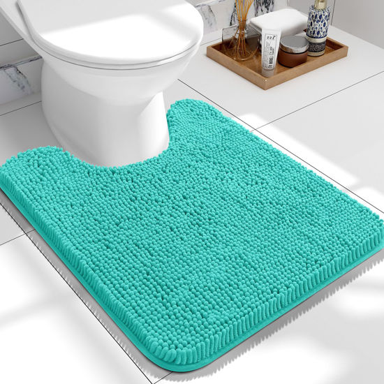 Picture of OLANLY Toilet Rugs U-Shaped 24x20, Extra Soft Absorbent Chenille Contour Bathroom Rugs for Toilet, Dry Quickly, Machine Washable, Non-Slip Toilet Bath Mat, Teal