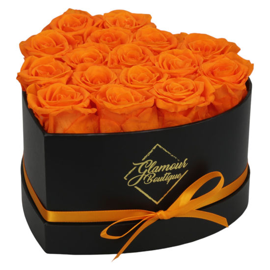 Picture of GLAMOUR BOUTIQUE 16-Piece Flowers Forever Heart Shape Box - Preserved Roses, Immortal Roses That Last A Year - Rose Eternal Preserved Flowers for Delivery Prime Mothers Day & Valentines Day - Orange