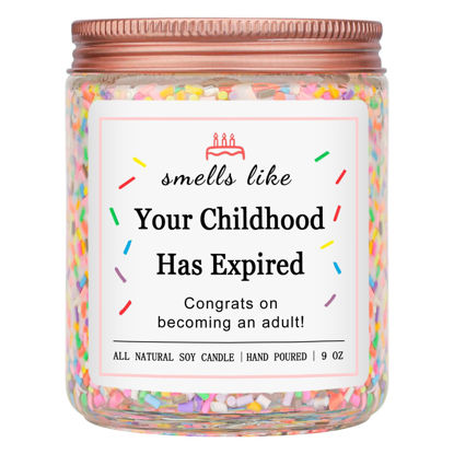 Picture of Homsolver 18th Birthday Gifts for Girls Boys, Birthday Candles Gifts for 18 Year Old Girls Boys, Your Childhood Has Expired Handmade Candles (Vanilla Birthday Cake Scent with Sprinkles)