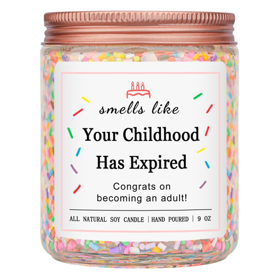 Picture of Homsolver 18th Birthday Gifts for Girls Boys, Birthday Candles Gifts for 18 Year Old Girls Boys, Your Childhood Has Expired Handmade Candles (Vanilla Birthday Cake Scent with Sprinkles)