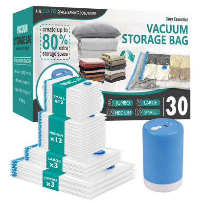 Picture of Vacuum Storage Bags with Electric Pump, 30 Pack (3 Jumbo/3 Large/12 Medium/12 Small) Vacuum Seal Space Saver Bags for Clothing, Pillows, Blanket, Bedding, Comforters