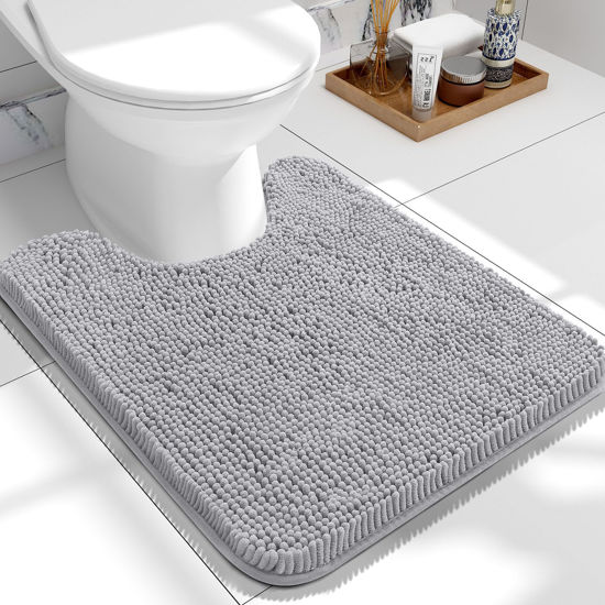 Picture of OLANLY Toilet Rugs U-Shaped 24x20, Extra Soft Absorbent Chenille Contour Bathroom Rugs for Toilet, Dry Quickly, Machine Washable, Non-Slip Toilet Bath Mat, Light Grey