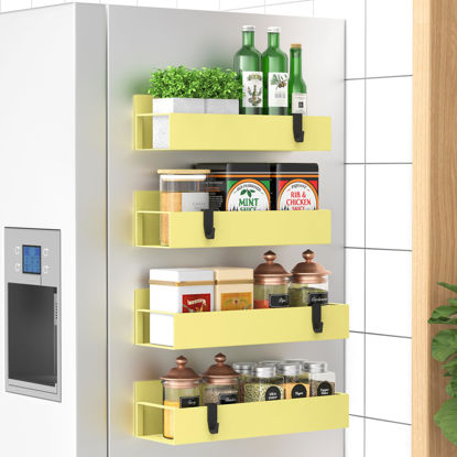 Picture of HuggieGems 4 Pack Magnetic Spice Storage Rack Organizer for Refrigerator and Oven, Yellow Fridge Organizers and Storage