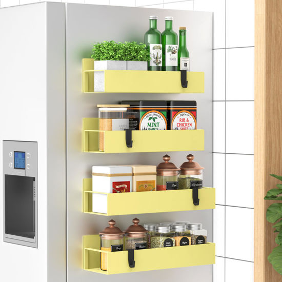 Picture of HuggieGems 4 Pack Magnetic Spice Storage Rack Organizer for Refrigerator and Oven, Yellow Fridge Organizers and Storage