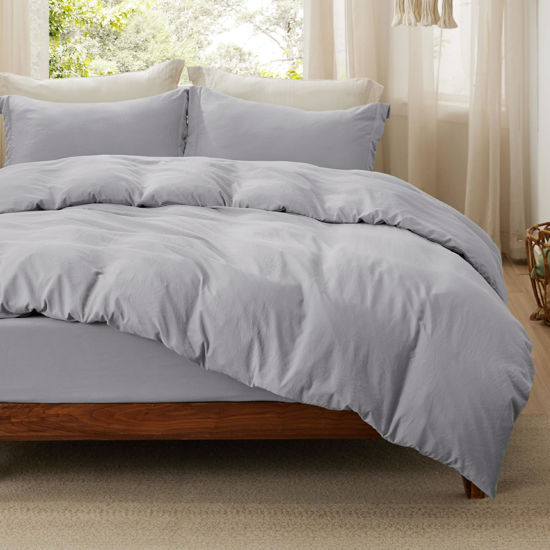 Picture of Bedsure Duvet Cover King Size with Fitted Sheet - 4 Pieces Prewashed Extra Soft Bedding Set, Includes 1 Duvet Cover 104x90 Inches with Zipper Closure, 2 Pillow Shams, 1 Fitted Sheet, Light Grey
