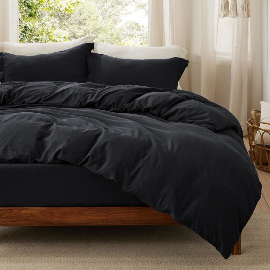 Picture of Bedsure Duvet Cover King Size with Fitted Sheet - 4 Pieces Prewashed Extra Soft Bedding Set, Includes 1 Duvet Cover 104x90 Inches with Zipper Closure, 2 Pillow Shams, 1 Fitted Sheet, Black