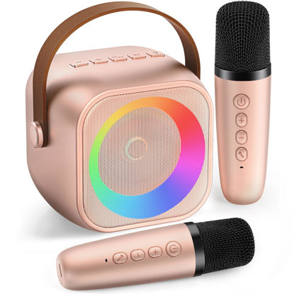 Picture of Mini Karaoke Machine, Portable Bluetooth Karaoke Speaker with 2 Wireless Microphones and Party Lights for Kids and Adults, Birthday Gifts for Girls Boys Family Home Party (Rose Gold)