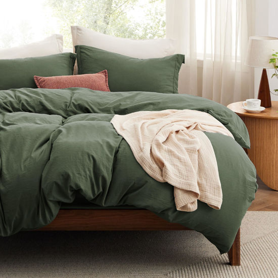 Picture of Bedsure Duvet Cover King Size with Fitted Sheet - 4 Pieces Prewashed Extra Soft Bedding Set, Includes 1 Duvet Cover 104x90 Inches with Zipper Closure, 2 Pillow Shams, 1 Fitted Sheet, Olive Green
