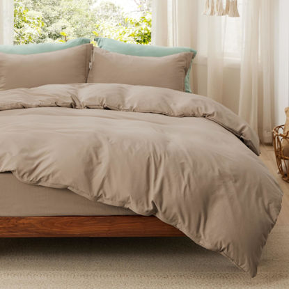 Picture of Bedsure Duvet Cover Queen Size with Fitted Sheet - 4 Pieces Prewashed Extra Soft Bedding Set, Includes 1 Duvet Cover 90x90 Inches with Zipper Closure, 2 Pillow Shams, 1 Fitted Sheet, Deep Beige