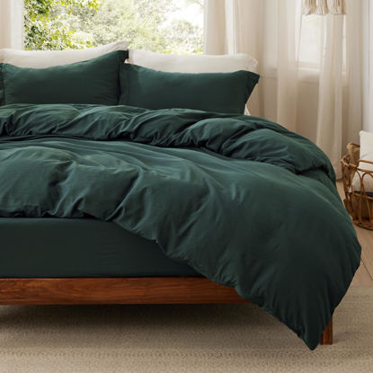 Picture of Bedsure Duvet Cover King Size with Fitted Sheet - 4 Pieces Prewashed Extra Soft Bedding Set, Includes 1 Duvet Cover 104x90 Inches with Zipper Closure, 2 Pillow Shams, 1 Fitted Sheet, Forest Green