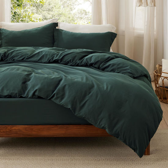 Picture of Bedsure Duvet Cover King Size with Fitted Sheet - 4 Pieces Prewashed Extra Soft Bedding Set, Includes 1 Duvet Cover 104x90 Inches with Zipper Closure, 2 Pillow Shams, 1 Fitted Sheet, Forest Green