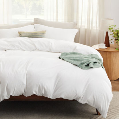 Picture of Bedsure Duvet Cover King Size with Fitted Sheet - 4 Pieces Prewashed Extra Soft Bedding Set, Includes 1 Duvet Cover 104x90 Inches with Zipper Closure, 2 Pillow Shams, 1 Fitted Sheet, White
