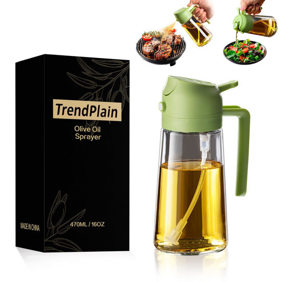 Picture of TrendPlain 16oz Olive Oil Dispenser Bottle for Kitchen - 2 in 1 Oil Dispenser and Oil Sprayer for Cooking, Air Fryer, Salad, 470ml Olive Oil Sprayer Green