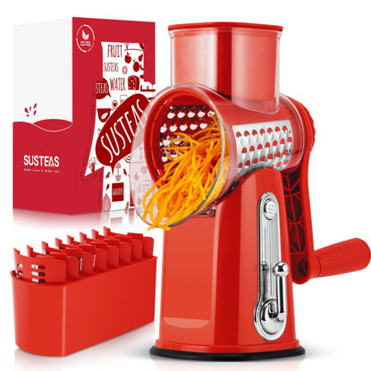 Picture of SUSTEAS Rotary Cheese Grater with Handle - Vegetable Shredder with 5 Well-designed Blades & Strong Suction Base,Round Mandoline Slicer & Food Chopper for Kitchen,with Blade Storage Box(Red)