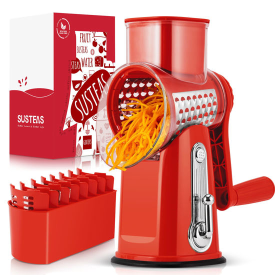 Picture of SUSTEAS Rotary Cheese Grater with Handle - Vegetable Shredder with 5 Well-designed Blades & Strong Suction Base,Round Mandoline Slicer & Food Chopper for Kitchen,with Blade Storage Box(Red)