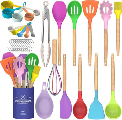 Picture of Umite Chef Kitchen Cooking Utensils Set, 33 pcs Non-stick Silicone Cooking Kitchen Utensils Spatula Set with Holder, Wooden Handle Silicone Kitchen Gadgets Utensil Set (Colorful)
