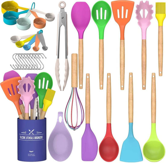 Picture of Umite Chef Kitchen Cooking Utensils Set, 33 pcs Non-stick Silicone Cooking Kitchen Utensils Spatula Set with Holder, Wooden Handle Silicone Kitchen Gadgets Utensil Set (Colorful)