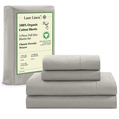 Picture of LANE LINEN 100% Organic Cotton Full Sheets Set 4-Piece Pure Percale Long Staple Soft Bedding Breathable Fits Mattress Upto 15" Deep - Silver