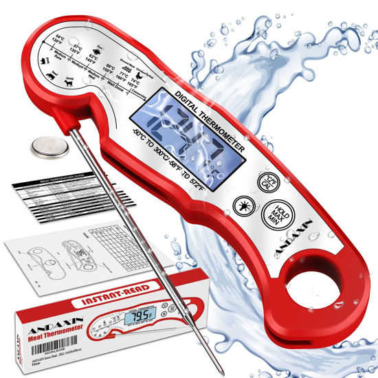 Picture of Meat Thermometer Digital - Fast Instant Read Food Thermometer for Cooking, Candy, Outside Grill, and Roast, Digital Food Thermometer with Backlight LCD & Calibration - Red/Silver