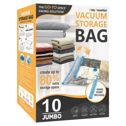 Picture of 10 Jumbo Vacuum Storage Bags, Space Saver Bags Compression Storage Bags for Comforters and Blankets, Vacuum Sealer Bags for Clothes Storage, Hand Pump Included