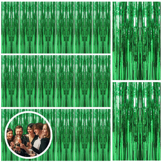 Picture of 20 Pack Green Streamers Backdrop Jungle Party Decorations Foil Fringe Backdrop Curtains Photo Booth Backdrop for Birthday Dinosaur Animal St Patrick's Day Football Christmas Party Decorations