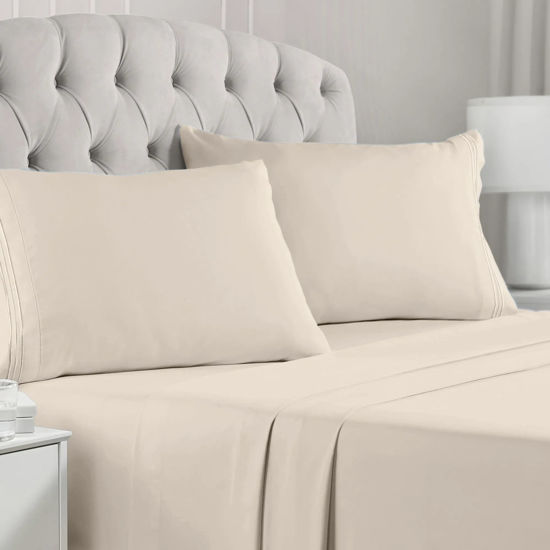 Picture of Mellanni RV Bed Sheets - Camping Sheets Queen Set - 10" Deep Pocket Fitted Sheet Camper Bed Sheets - Wrinkle, Fade, Stain Resistant - 4 Elastic Bands for Snug Fit (Short Queen, Sand)