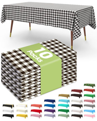 Picture of Pureegg Plastic Table Cloth Disposable 10 Pack, 54 x 108 Inch Table Cloths for Parties, Decorative Tablecloths for Rectangle Tables, White Plastic Table Cover, Leakproof & Sturdy, Black Plaid