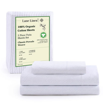 Picture of LANE LINEN 100% Organic Cotton Sheets Twin Size, 3Pc Twin Cotton Sheets, Hotel Luxury Sheets, Percale Bed Sheets, Cooling Sheet & Pillowcase Sets, 15" Deep Twin Mattress Fitted Sheet - Ticking Stripe