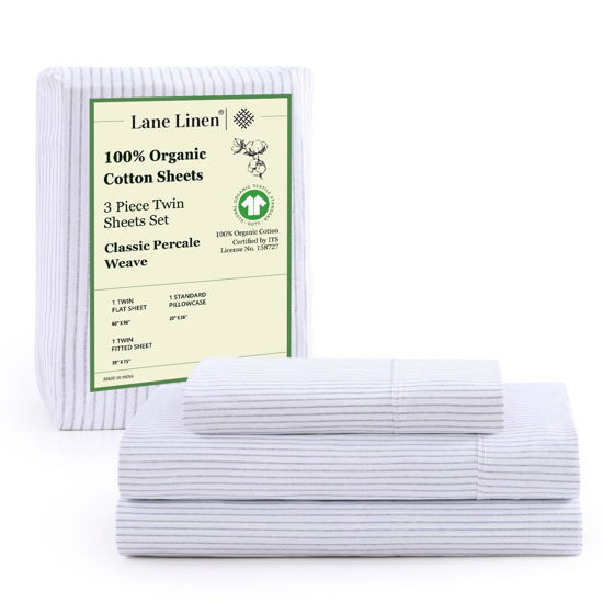 Picture of LANE LINEN 100% Organic Cotton Sheets Twin Size, 3Pc Twin Cotton Sheets, Hotel Luxury Sheets, Percale Bed Sheets, Cooling Sheet & Pillowcase Sets, 15" Deep Twin Mattress Fitted Sheet - Ticking Stripe