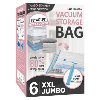 Picture of 6 Pack XXL Jumbo Vacuum Storage Bags, Extra Jumbo Vacuum Sealed Bags for Comforters, Bedding, Blanket Storage, Space Saver Extra Large Vacuum Storage Bags for Huge Stuffed Toy(47.2x35 in)