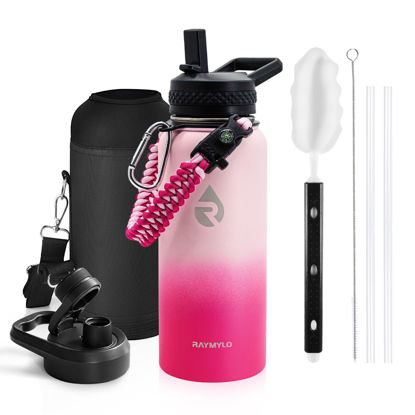 Picture of RAYMYLO Insulated Water Bottle 32 oz, Triple Wall Vacuum Stainless Steel (Cold for 48 Hrs), Leak Proof & Non-BPA, Modern Water Flask Jug with Paracord Handle & Straw Spout Lids, Ombre Pink