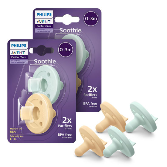 Picture of Philips Avent Soothie 0-3 Months Orthodontic Baby Pacifiers, 100% Silicone Pacifiers, One Piece, BPA-Free, 2 Green and 2 Yellow, 4 Pack, Model SCF190/71