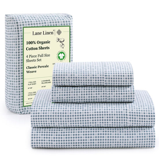 Picture of LANE LINEN 100% Organic Cotton Full Sheets Set 4-Piece Pure Percale Long Staple Soft Bedding Breathable Fits Mattress Upto 15" Deep - Polka Dot