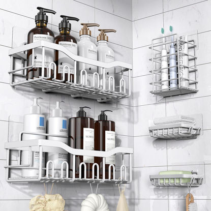 Picture of Shower Caddy 5 Pack,Adhesive Shower Organizer for Bathroom Storage&Home Decor&Kitchen,No Drilling,Large Capacity,Rustproof Stainless Steel Bathroom Organizer,Shower Shelves for Inside Shower-Standard