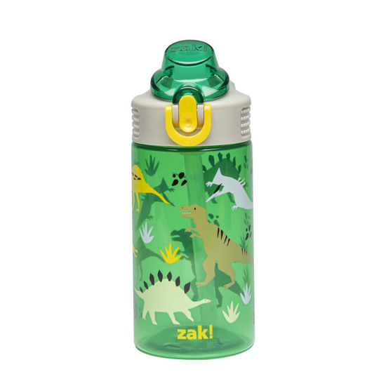 Picture of Zak Designs Sage Kids Water Bottle For School, Travel or At Home, 16oz Durable Plastic Water Bottle With Straw, Handle, and Leak-Proof, Pop-Up Spout Cover (Dino)