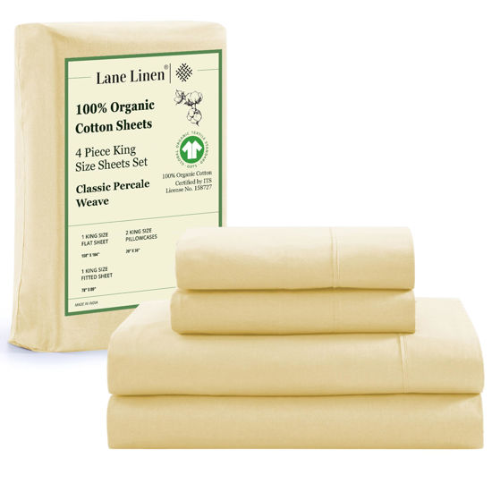 Picture of LANE LINEN King Size Bed Sheets - 100% Organic Cotton King Sheets, 4Pc Soft Percale Sheets King Size, Hotel Luxury Bed Sheets King Size, 15" Deep Pocket King Fitted Sheet, Oeko-Tex Sheets - Vanilla