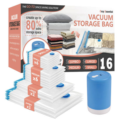 Picture of Vacuum Storage Bags with Electric Pump, 16 Pack (2 Jumbo/2 Large/6 Medium/6 Small) Vacuum Seal Space Saver Bags for Clothing, Pillows, Blanket, Bedding, Comforters