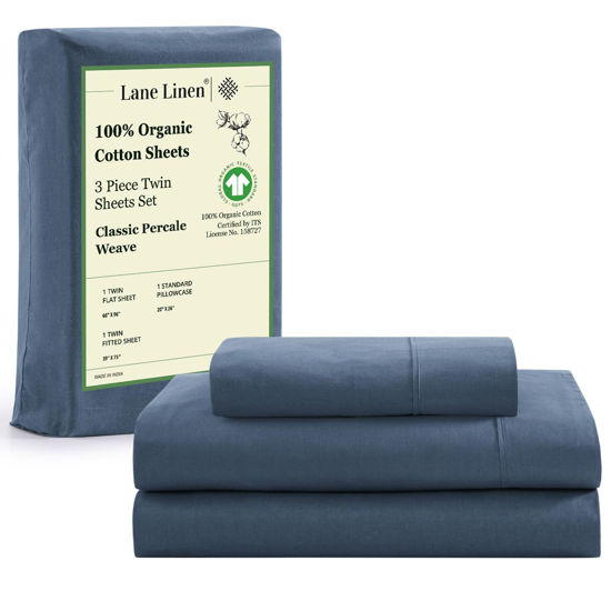 Picture of LANE LINEN 100% Organic Cotton Sheets Twin Size, 3Pc Twin Cotton Sheets, Hotel Luxury Sheets, Percale Bed Sheets, Cooling Sheet & Pillowcase Sets, 15" Deep Twin Mattress Fitted Sheet - Navy