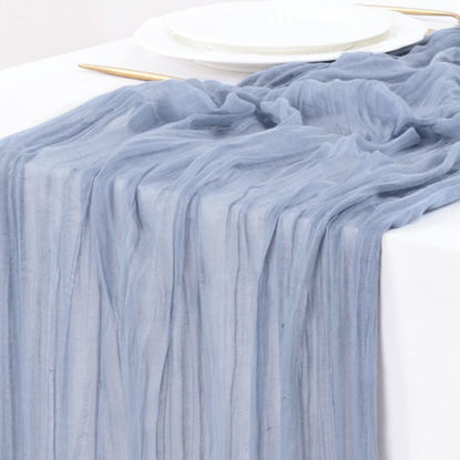 Picture of Socomi Fall Thanksgiving Table Runner Cheesecloth Table Runner 120 inch 10FT Boho Rustic Gauze Table Runner for Wedding Party Baby Shower Fall Decor Dusty Blue 6pcs