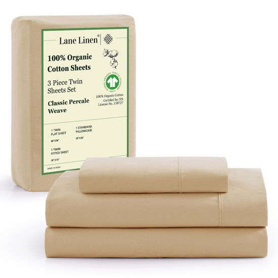 Picture of LANE LINEN Twin Size Bed Sheets, 100% Organic Cotton Twin Sheet Set, 3Pc Sheets for Twin Bed, Soft Cooling Twin Bed Sheets Boys, Hotel Style Sheets & Pillowcases Set, Deep Pocket Sheets - Linen