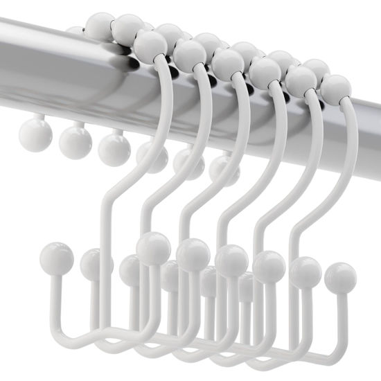 Picture of Titanker Shower Curtain Hooks Rings, Rust Resistant Metal Double Glide Shower Hooks for Bathroom Shower Rods Curtains, Set of 12 Hooks - White
