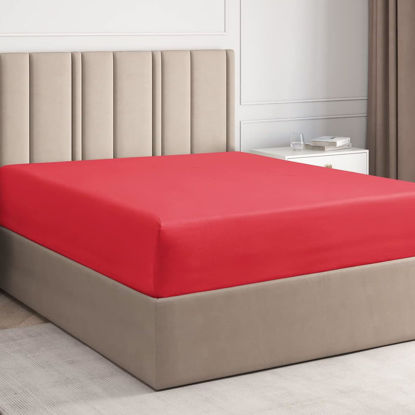 Picture of King Fitted Bed Sheet - Hotel Luxury & Cooling Single Fitted Sheet Only - Easily Fits Mattress Up to 16 Inches Perfectly - Soft, Wrinkle Free, Breathable & Comfy Red Single Fitted Bed Sheet